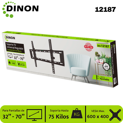 Soporte para TV LCD LED Universal Regulable ±15°, 32-70", 1.5 mm, VMAX 600 x 400, 75 Kg, DINON - SKU:12187