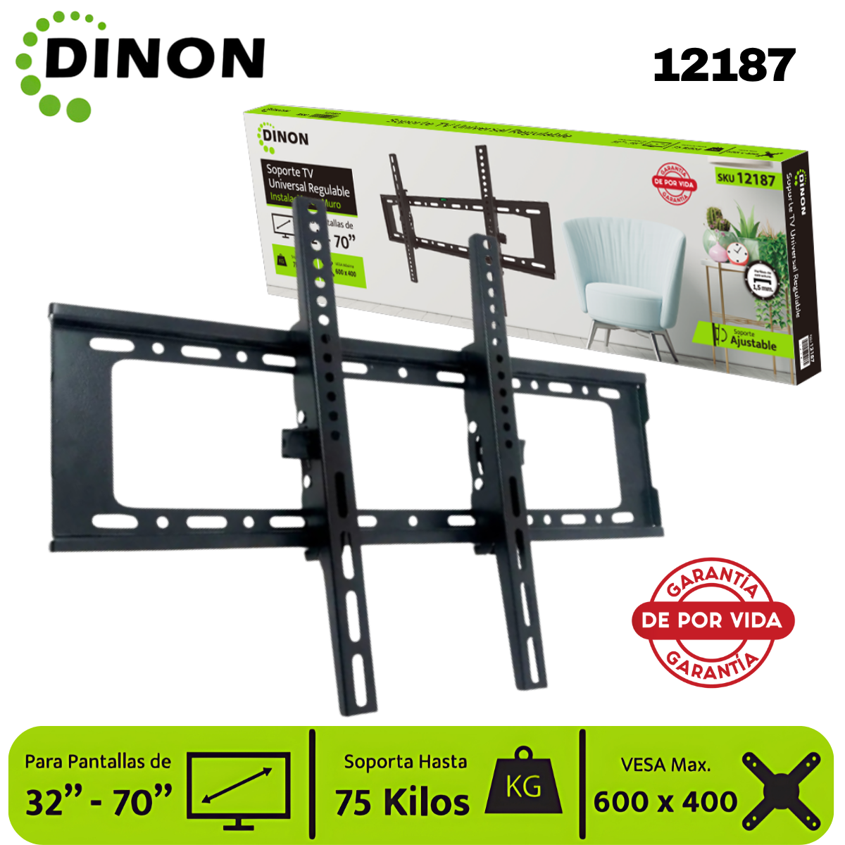 Soporte para TV LCD LED Universal Regulable ±15°, 32-70", 1.5 mm, VMAX 600 x 400, 75 Kg, DINON - SKU:12187