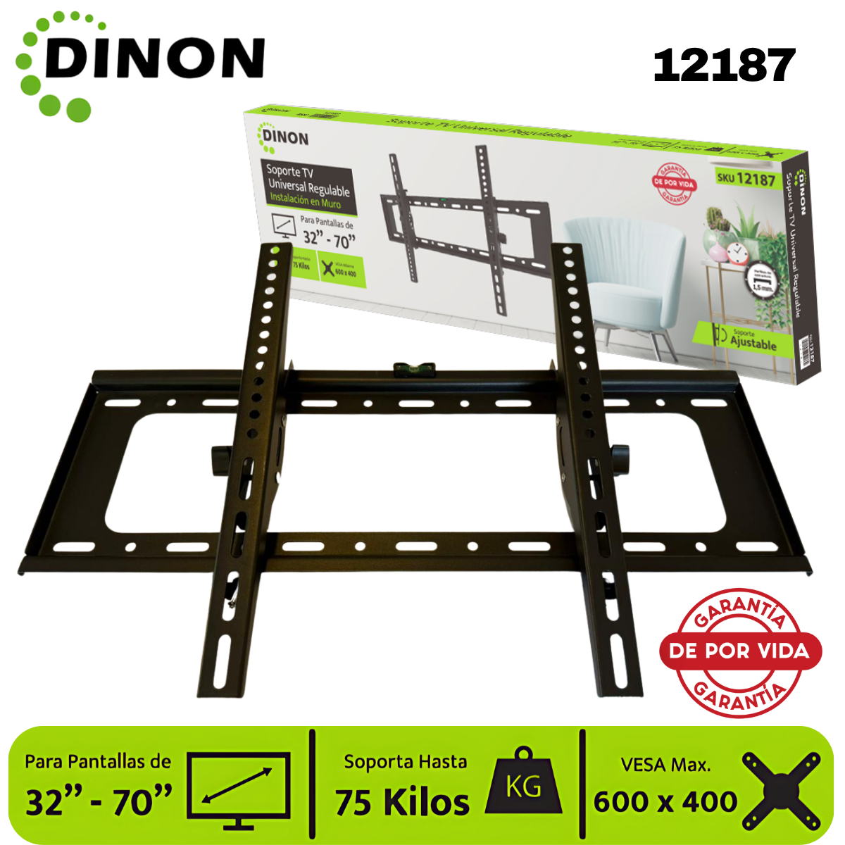 Soporte TV LCD LED Universal Regulable ±15°, 32-70", 1.5 mm, VMAX 600 x 400, 75 Kg, DINON - SKU:12187