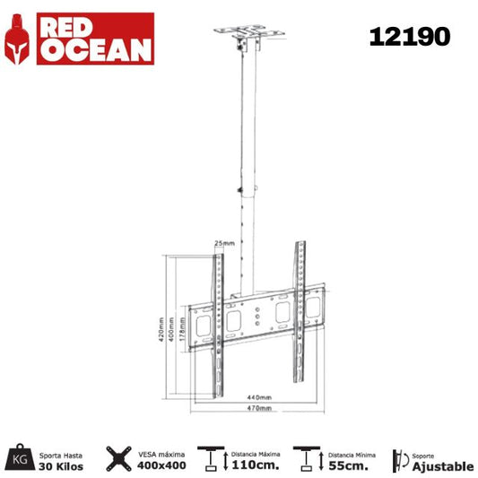 SOPORTE PARA TV TECHO 23-55", 55-110CM, 30°, VMAX 400X400, 30KG, REDOCEAN - SKU: 12190