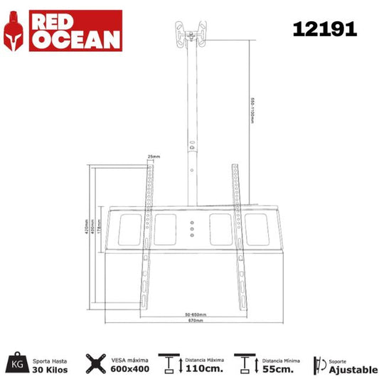 SOPORTE PARA TV A TECHO 32-80", 55-110CM, 30°, VMAX 600X400, 30KG, REDOCEAN - SKU: 12191