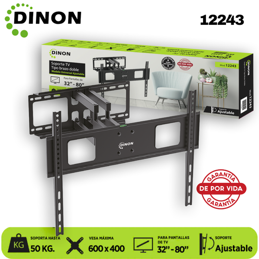 Soporte TV Dinon Premium, Brazo Doble 32-80", 5-46cm, VMAX 600x400, TILT, 50 KG - Sku: 12243