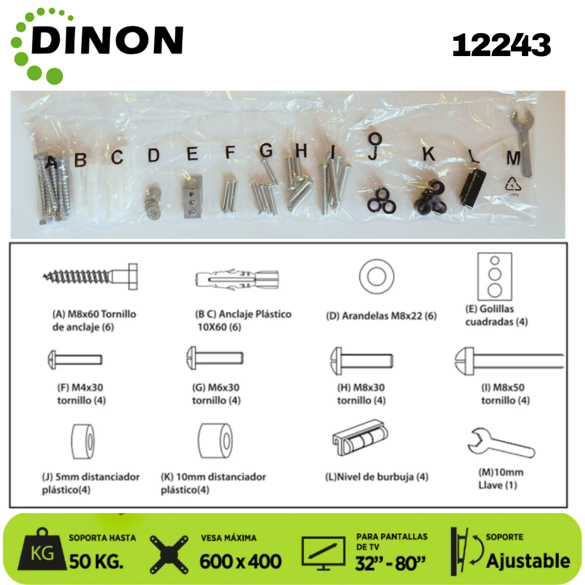 Soporte TV Dinon Premium, Brazo Doble 32-80", 5-46cm, VMAX 600x400, TILT, 50 KG - Sku: 12243