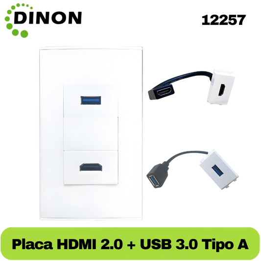 PLACA DE MURO 1 x HDMI 2.0 4K + 1 x USB 3.0 TIPO A, MARCA DINON + EXTENSIONES 10CM - SKU:12257