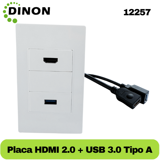 PLACA DE MURO 1 x HDMI 2.0 4K + 1 x USB 3.0 TIPO A, MARCA DINON + EXTENSIONES 10CM - SKU:12257