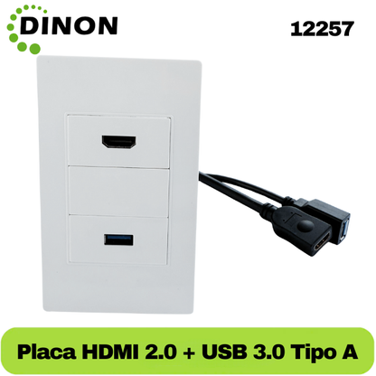 PLACA DE MURO 1 x HDMI 2.0 4K + 1 x USB 3.0 TIPO A, MARCA DINON + EXTENSIONES 10CM - SKU:12257
