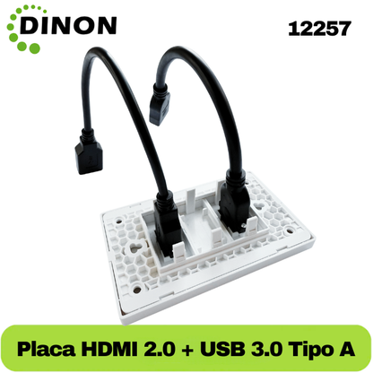 PLACA DE MURO 1 x HDMI 2.0 4K + 1 x USB 3.0 TIPO A, MARCA DINON + EXTENSIONES 10CM - SKU:12257