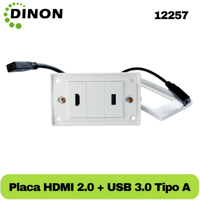 PLACA DE MURO 1 x HDMI 2.0 4K + 1 x USB 3.0 TIPO A, MARCA DINON + EXTENSIONES 10CM - SKU:12257