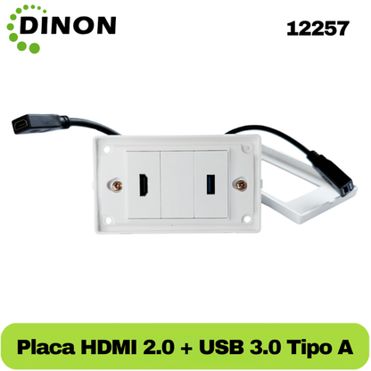 PLACA DE MURO 1 x HDMI 2.0 4K + 1 x USB 3.0 TIPO A, MARCA DINON + EXTENSIONES 10CM - SKU:12257