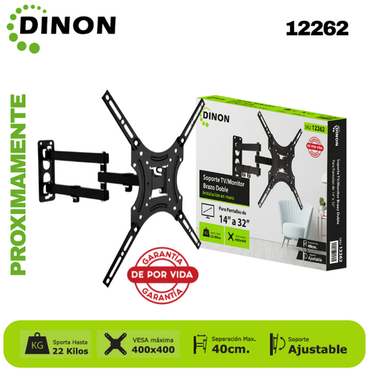SOPORTE PARA TV BRAZO DOBLE ±15° 32-55", 4-40CM, VMAX400X400, TILT, 22KG - SKU: 12262