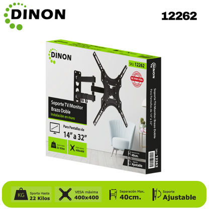 SOPORTE PARA TV BRAZO DOBLE ±15° 32-55", 4-40CM, VMAX400X400, TILT, 22KG - SKU: 12262