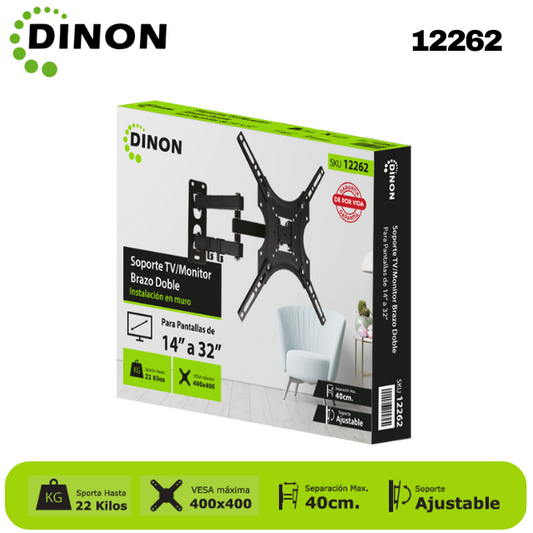 SOPORTE PARA TV BRAZO DOBLE ±15° 14-32", 4-40CM, VMAX400X400, TILT, 22KG - SKU: 12262