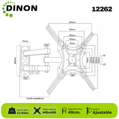 SOPORTE PARA TV BRAZO DOBLE ±15° 32-55", 4-40CM, VMAX400X400, TILT, 22KG - SKU: 12262