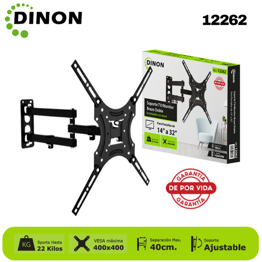 SOPORTE PARA TV BRAZO DOBLE ±15° 14-32", 4-40CM, VMAX400X400, TILT, 22KG - SKU: 12262