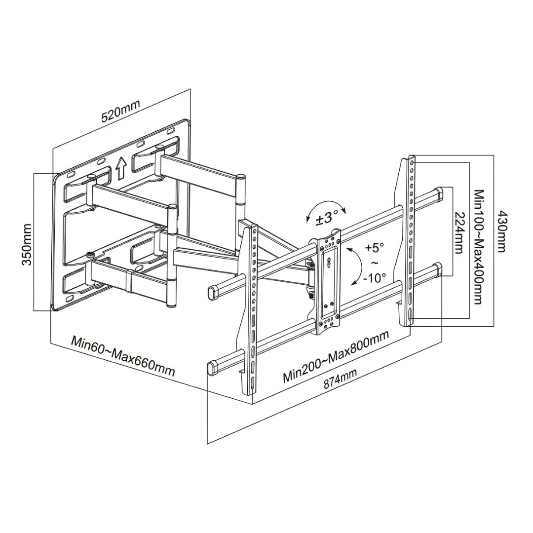 Soporte Tv Brazo Doble Extra Largo 66Cm, Heavy Duty, 42-85", Vmax800X400, +5°~-10°, 100Kg, Dinon