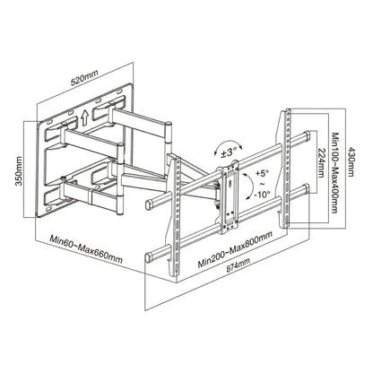 Soporte Tv Brazo Doble Extra Largo 66Cm, Heavy Duty, 42-85", Vmax800X400, +5°~-10°, 100Kg, Dinon