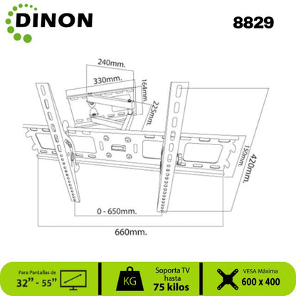 SOPORTE PARA TV UNIVERSAL BRAZO 32" - 55", 10 - 50CM, VMAX 600X400, 55KG. SKU:8829