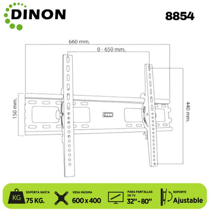 SOPORTE PARA TV DINON PREMIUM UNIVERSAL REGULABLE 32-80", VMAX 600X400, 75KG - Sku:8854