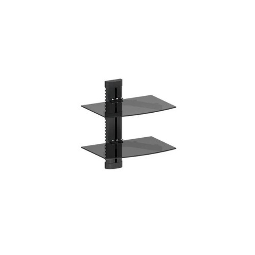SOPORTE DE VIDRIO A MURO DOBLE BANDEJA PARA EQUIPOS DE AUDIO Y VIDEO 36X25CM. 16KG. Sku:8914