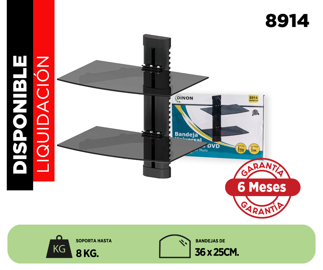 SOPORTE DE VIDRIO A MURO DOBLE BANDEJA PARA EQUIPOS DE AUDIO Y VIDEO 36X25CM. 16KG. Sku:8914
