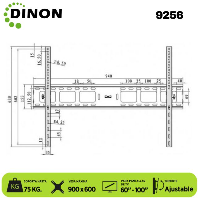 SOPORTE PARA TV LCD LED UNIVERSAL REGULABLE 60-100, VMAX 900X600, 75KG. DINON - Sku:9256