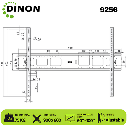 SOPORTE PARA TV LCD LED UNIVERSAL REGULABLE 60-100, VMAX 900X600, 75KG. DINON - Sku:9256