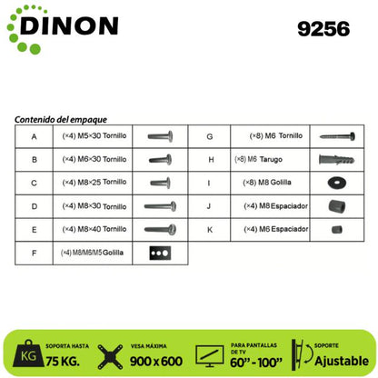 SOPORTE PARA TV LCD LED UNIVERSAL REGULABLE 60-100, VMAX 900X600, 75KG. DINON - Sku:9256