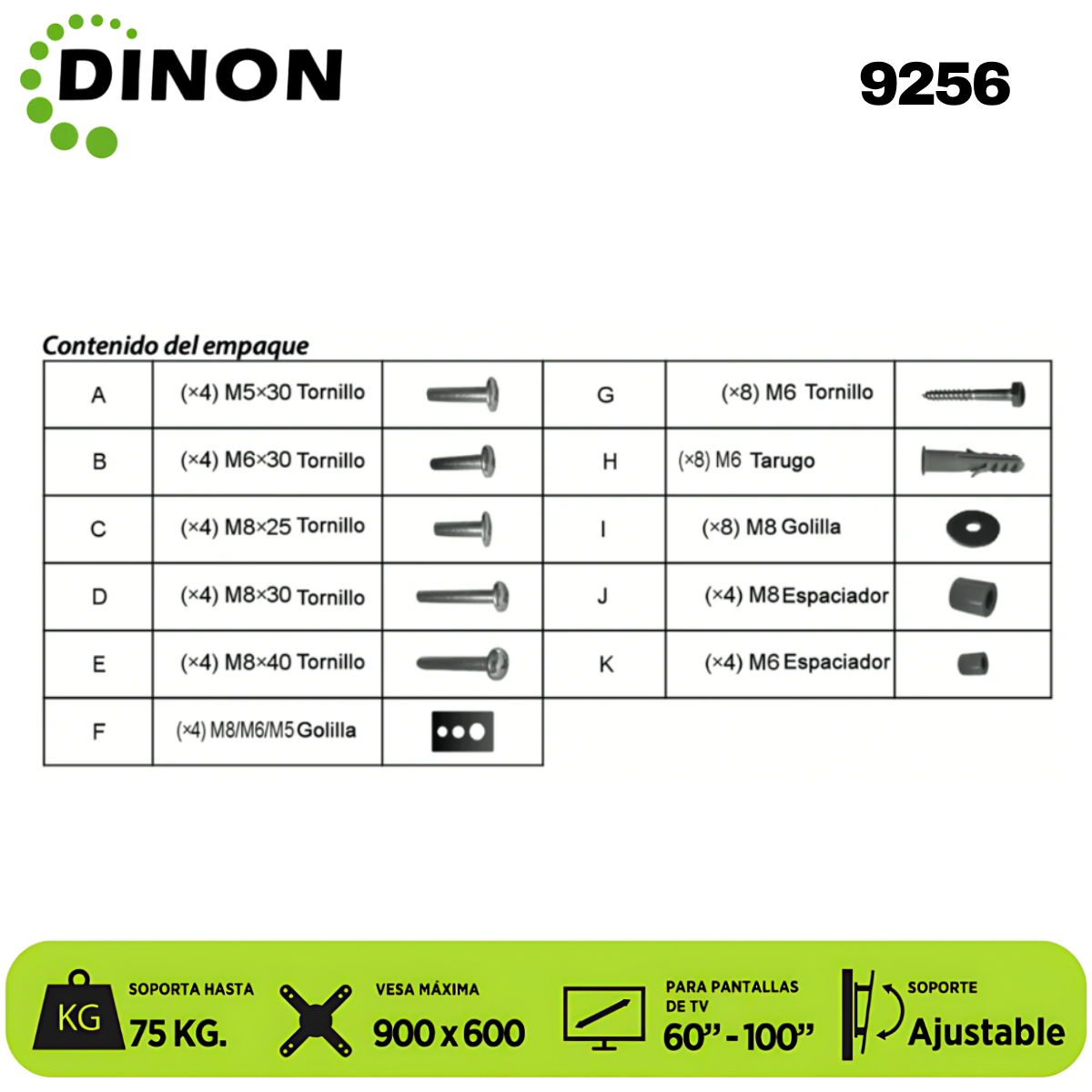 SOPORTE PARA TV LCD LED UNIVERSAL REGULABLE 60-100, VMAX 900X600, 75KG. DINON - Sku:9256
