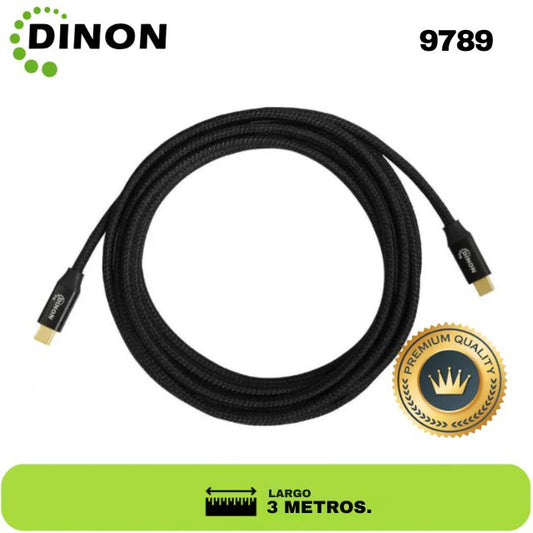 CABLE USB-C A USB-C 3.1, 10GBPS, 3MTS, CONECTOR METALICO, NEGRO DINON. sku:9789