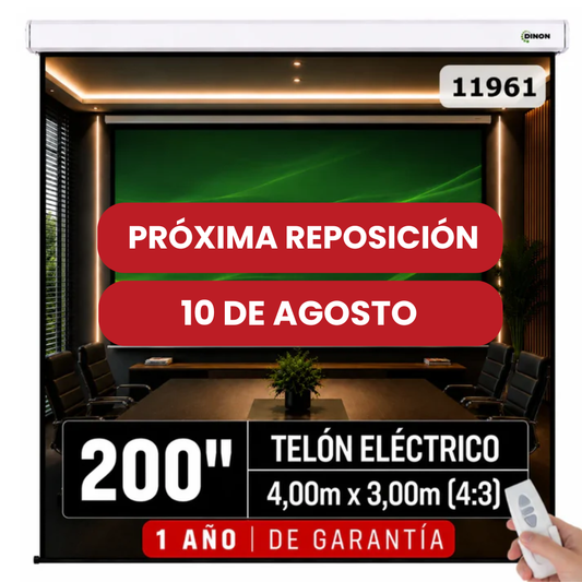 TELON ELECTRICO DINON  4,00 X 3,00 (200") C/R, MOTOR TUBULAR, TELA PVC SOFT BLANCO MATE, TENSIONADA, 4:3