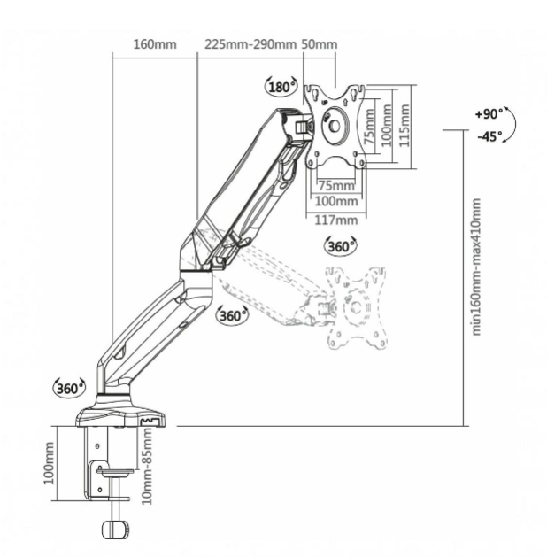 SOPORTE ERGONOMICO LCD MESA 1 BRAZO, 13-27', GIRO 180°, VESA 100X100. Sku:9412