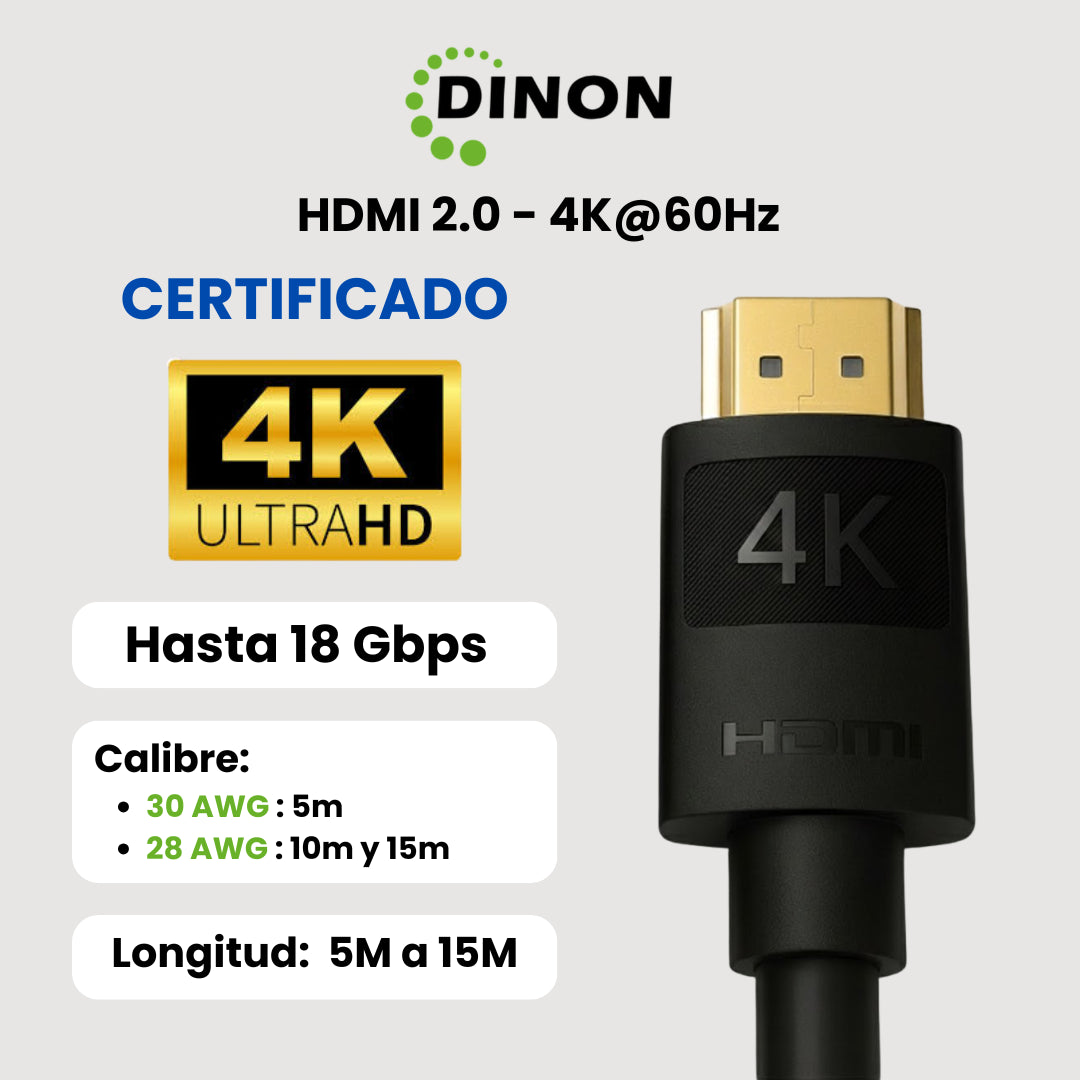 Cable HDMI 2.0 Certificado Dinon - 4K 60Hz, Gold Plated hasta 15 metros