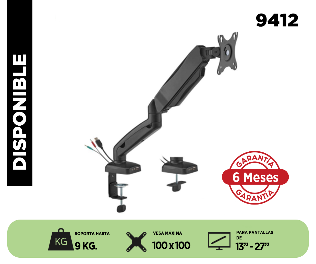 SOPORTE ERGONOMICO LCD MESA 1 BRAZO, 13-27', GIRO 180°, VESA 100X100. Sku:9412