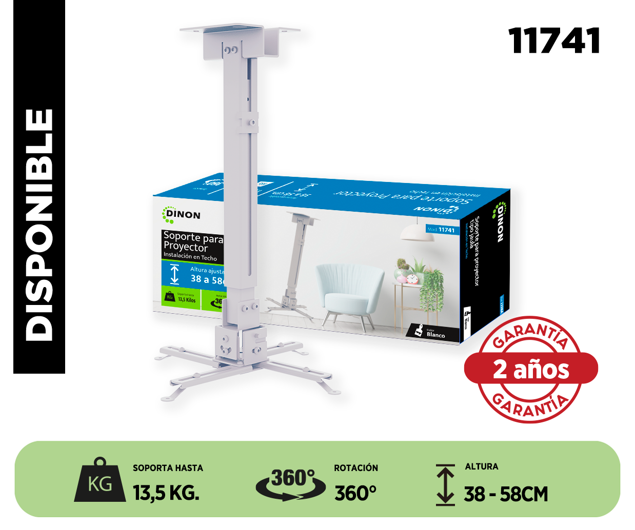 SOPORTE PARA PROYECTOR A TECHO EXTENSIBLE 38-58 CM, 360°, 13.5KG, BLANCO DINON - Sku: 11741