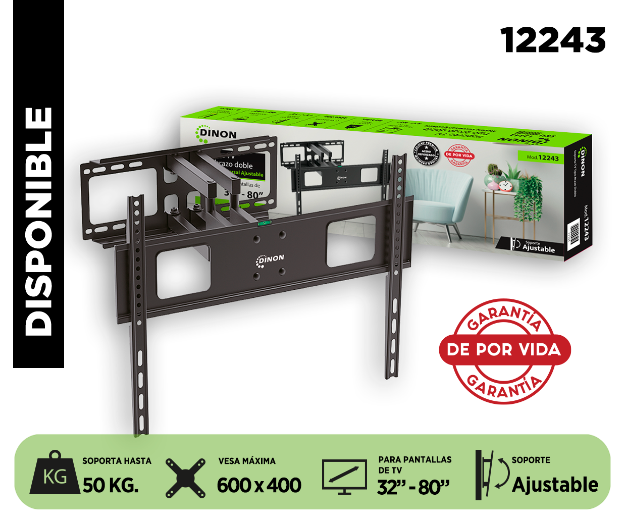 Soporte TV Dinon Premium, Brazo Doble 32-80", 5-46cm, VMAX 600x400, TILT, 50 KG - Sku: 12243