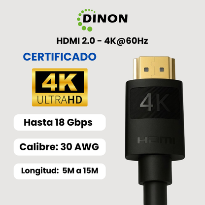 Cable HDMI 2.0 desde 5 metros hasta 15 metros certificado Dinon 4K 60Hz 18Gbps
