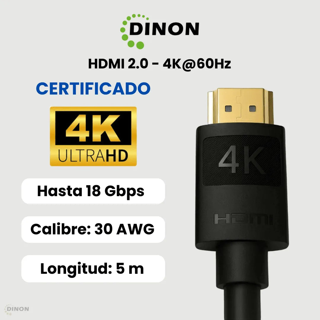 Características del cable HDMI 2.0 5 metros Dinon certificado calidad ultra HD 4K 60Hz