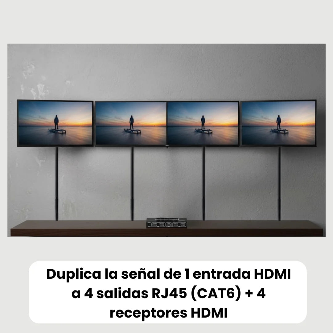 Extensor de splitter HDMI 2.0 Dinon que duplica la señal de 1 pantalla a 4 salidas RJ45 + 4 receptores HDMI. 