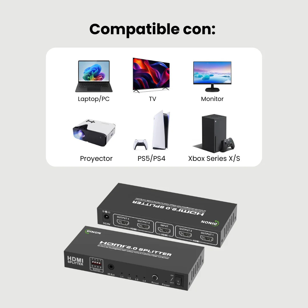 Extensor de splitter HDMI 2.0 1x4 Dinon. Compatible con ps5, TV, Laptop, Monitor, Proyector, Xbox, etc.