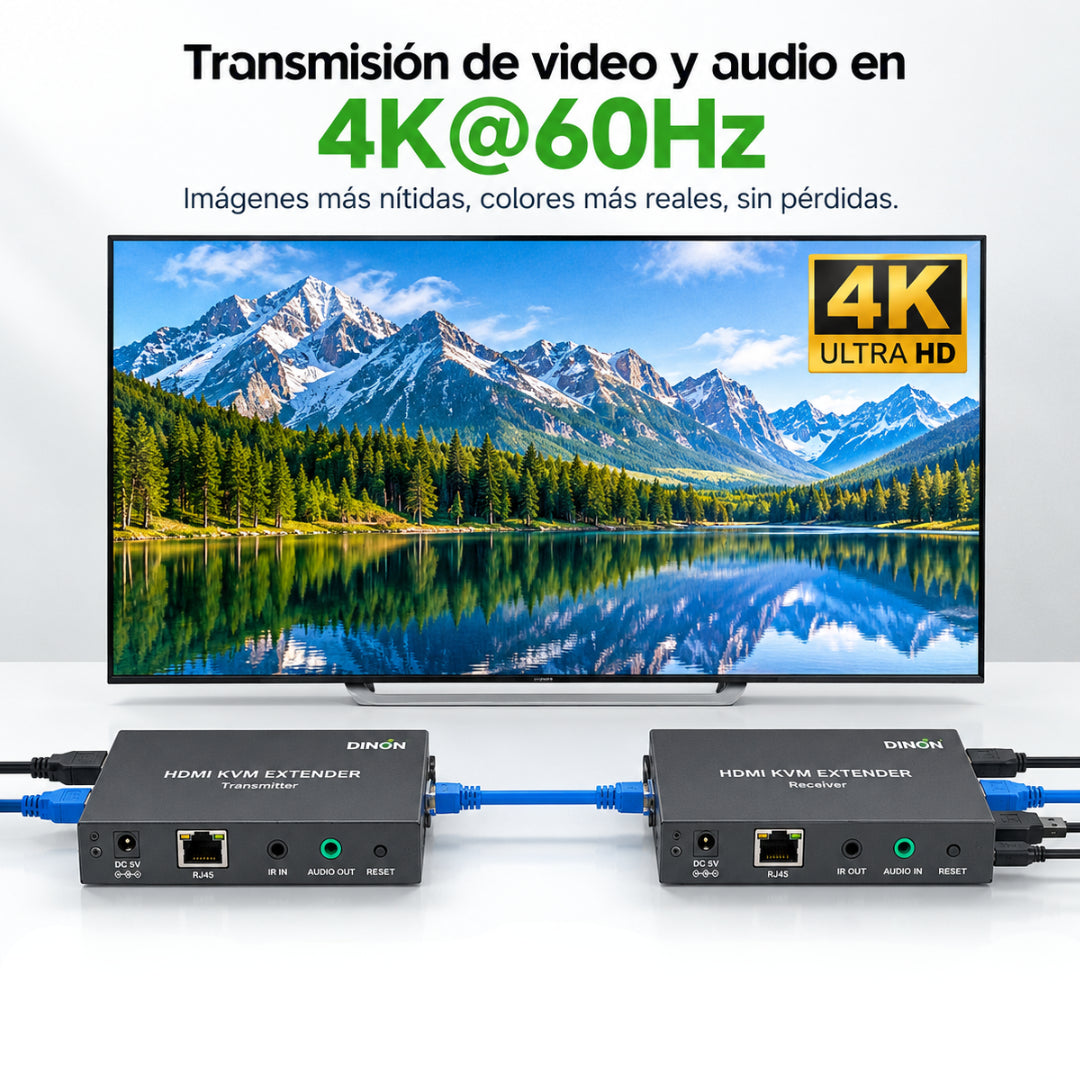Extensor KVM HDMI 2.0 4K@60Hz Teclado y Mouse Por RJ45 Hasta 60 m Dinon