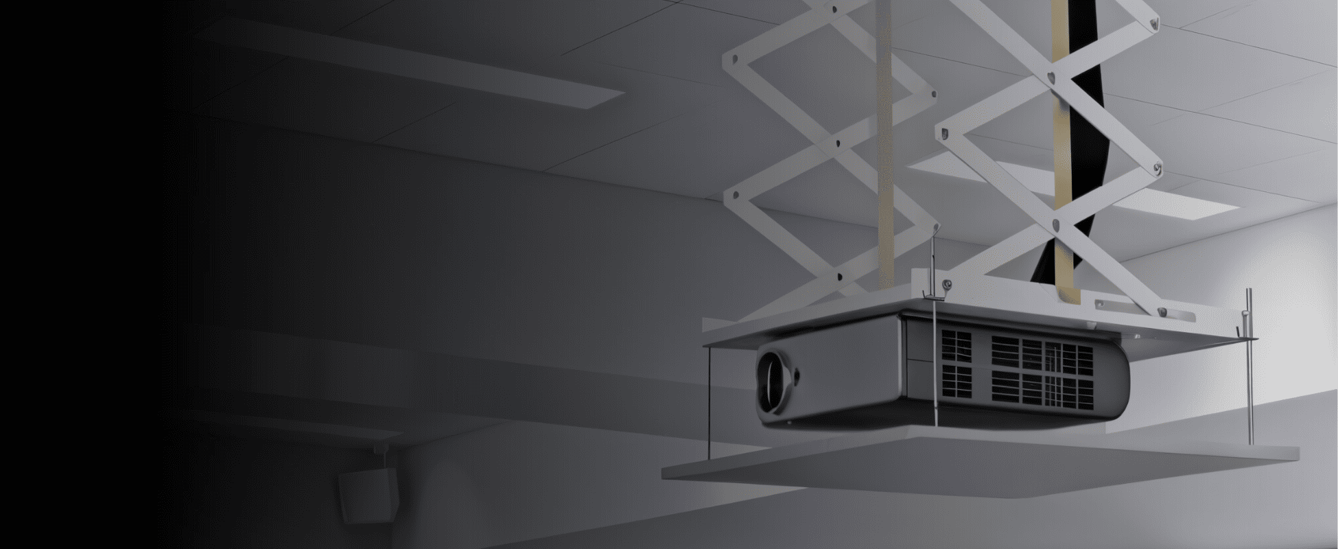 Detalle de jaulas para proyector Dinon en salón de clases con instalación suspendida