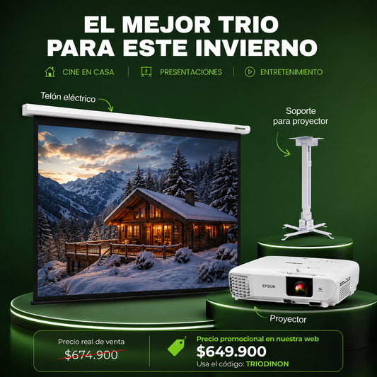 Pack de telón eléctrico, soporte para proyector y proyector epson e20 para cine en casa