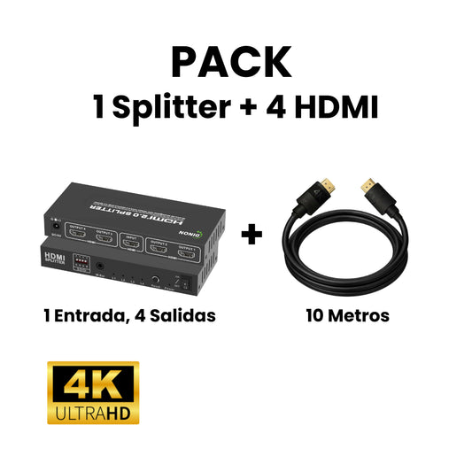 Pack Splitter 1 entrada, 4 salidas 2.0 + 4 cables HDMI 2.0 4k Dinon. Ideal para tus proyectos, aulas, colegios, etc.
