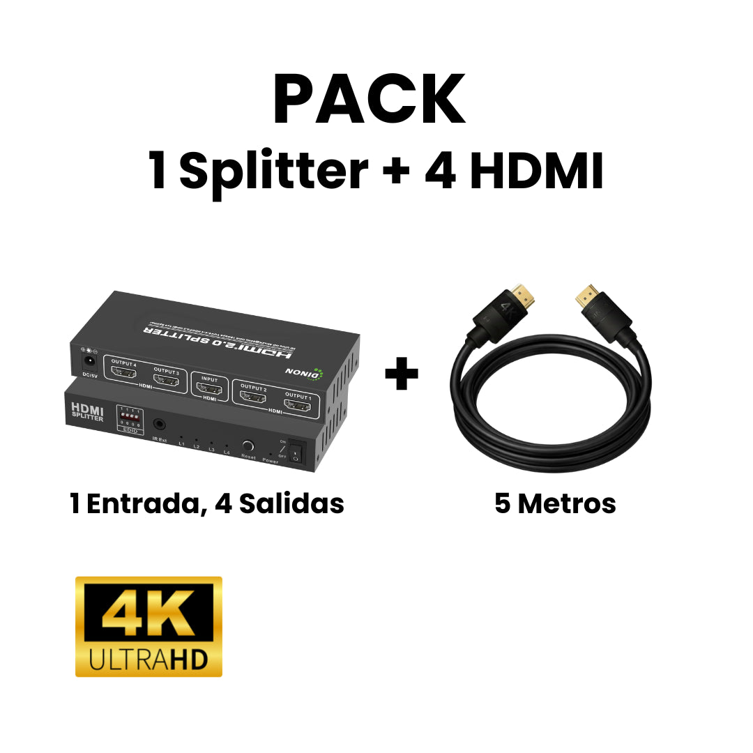Pack Splitter 2.0 1x4 + 4 cables HDMI 2.0 de 5 metros Dinon. Soporta 4k. Ideal para aulas, eventos, colegios