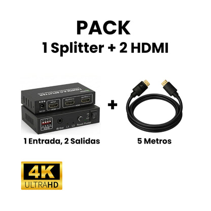 Pack de 1 Splitter 2.0 1 entrada, 2 salidas + 2 cables HDMI 2.0 de 5 metros. Ambos son 2.0 y 4k. Dinon. Ideal para aulas, colegios, home cinema.
