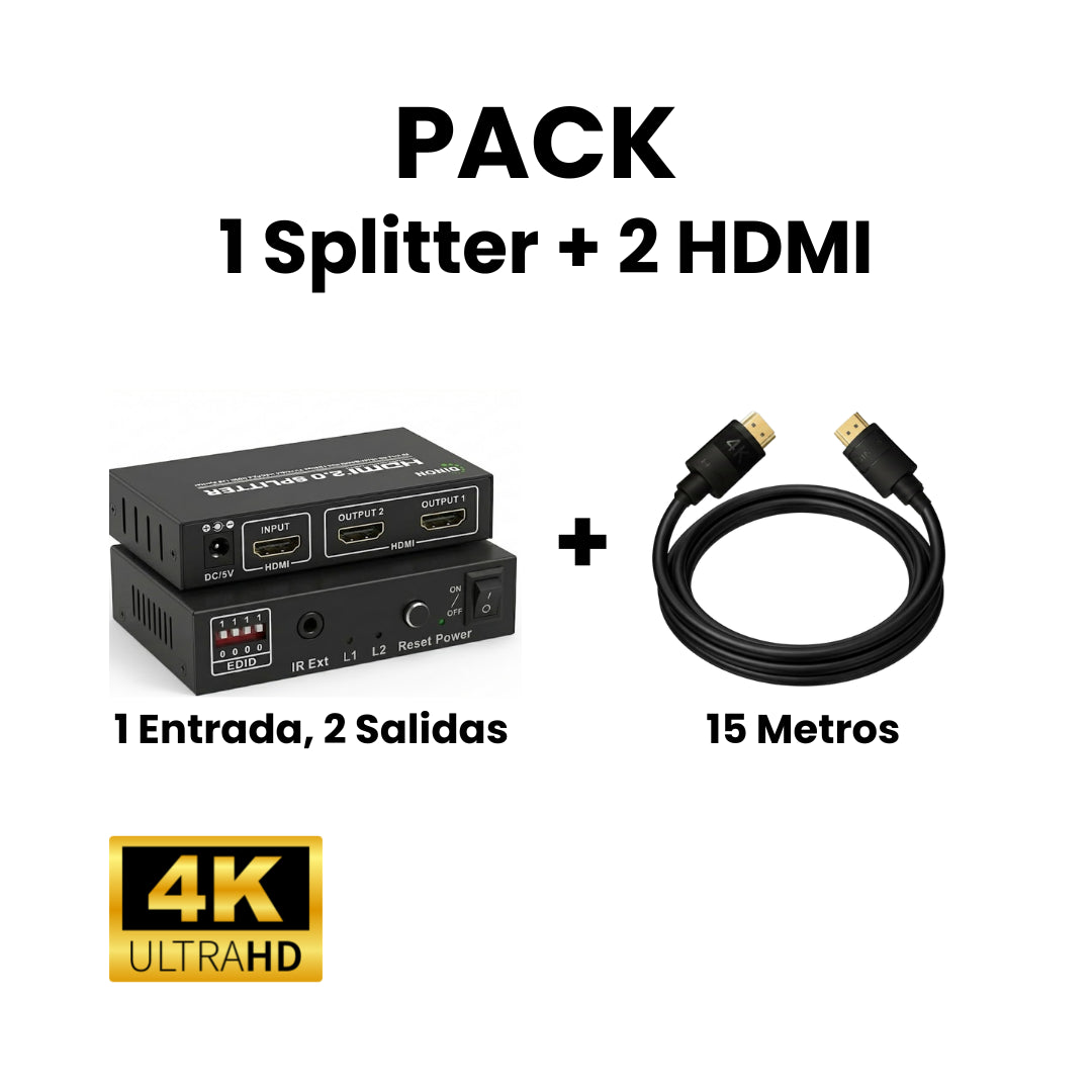 Pack Splitter 2.0 1x2 más 2 cables HDMI 2.0 4k 15 metros Dinon. Ideal para colegios, aulas, universidades, casa