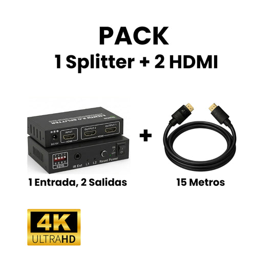 Pack Splitter 2.0 1x2 más 2 cables HDMI 2.0 4k 15 metros Dinon. Ideal para colegios, aulas, universidades, casa