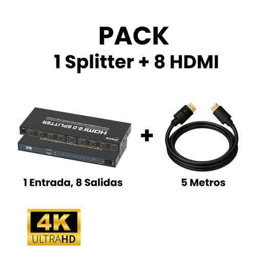 Pack Splitter 1x8 2.0 Dinon + 8 cables HDMI 2.0 4k 5 metros Dinon. Excelente opción para aulas, eventos, oficina, home cinema, etc.