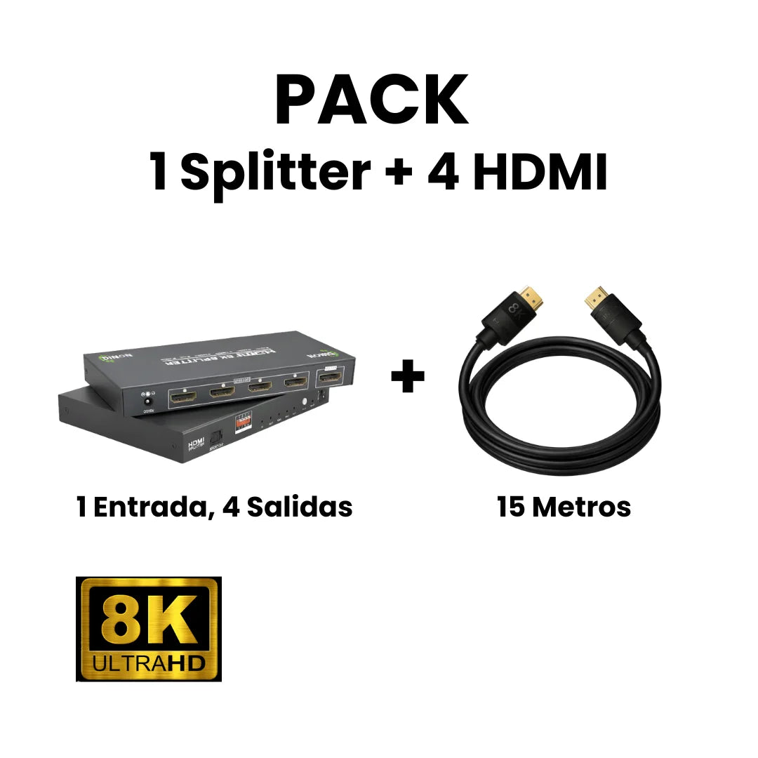 Pack splitter HDMI 2.1 1x4 + 4 cables HDMI de 15 metros Dinon. Excelente para videowall, home cinema, retails, salas magnas, etc.