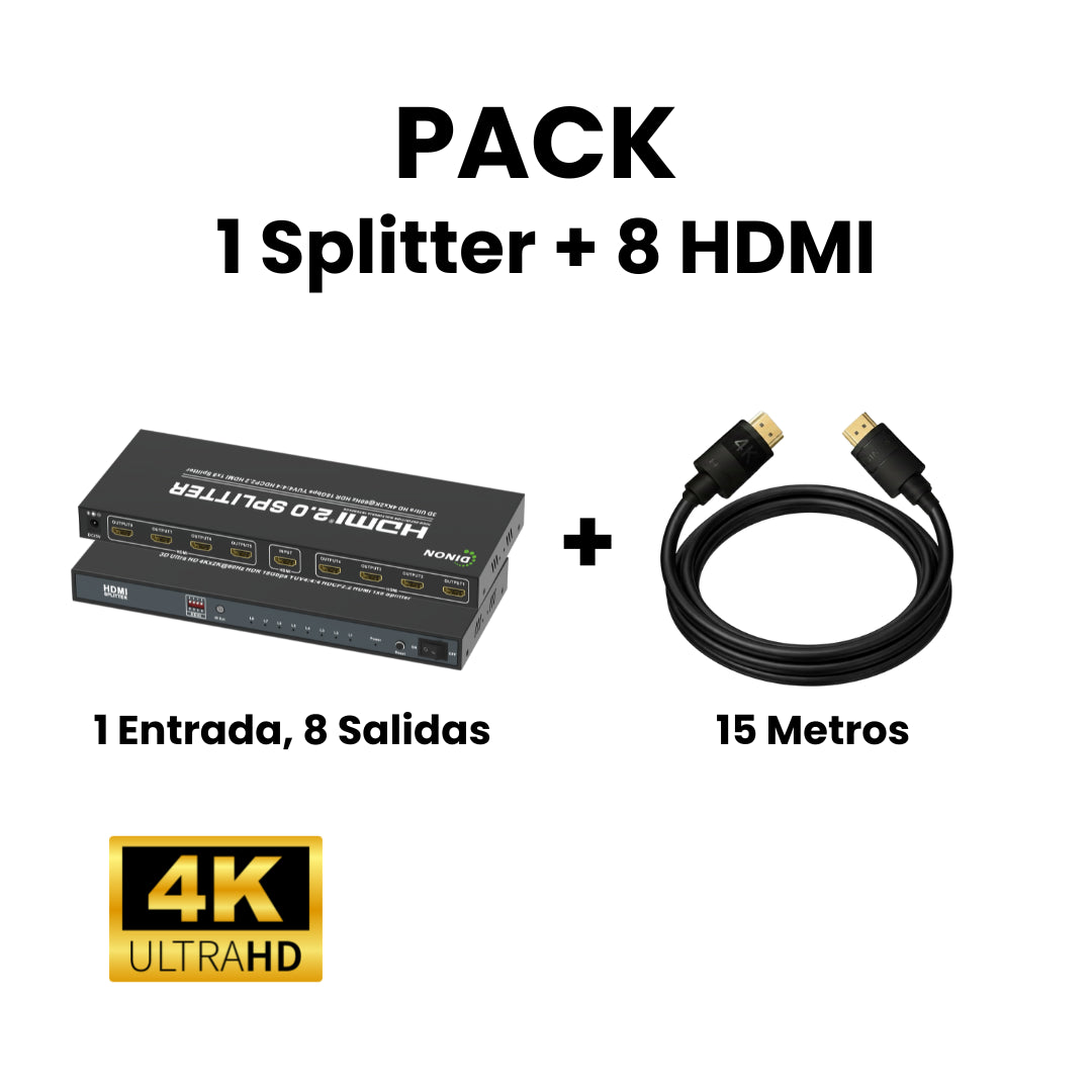 Pack Splitter HDMI 1x8 2.0 + 8 cables HDMI 2.0 4k 15 metros Dinon. Excelente para colegios, oficinas, retail, home cinema, aulas, etc.